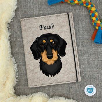 Preview: Dokumentenhülle Hund beige meliert Designbeispiel Rauhaardackel schwarz